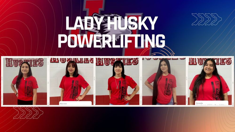 collage of 5 girls posing in red shirts, words Lady Husky Powerlifting above the pictures