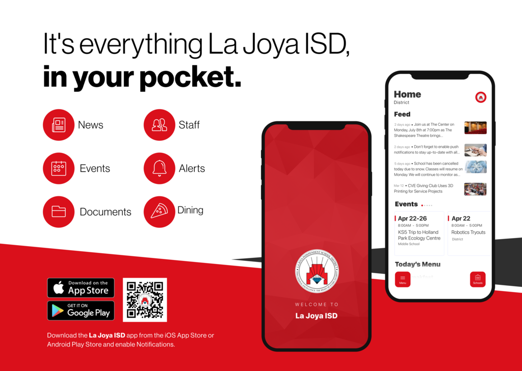 We're thrilled to announce the new app for La Joya ISD! It's everything La Joya ISD, in your pocket.    Download for Android https://bit.ly/3FCgCJk   Download for iPhone https://apple.co/3FEVPF2