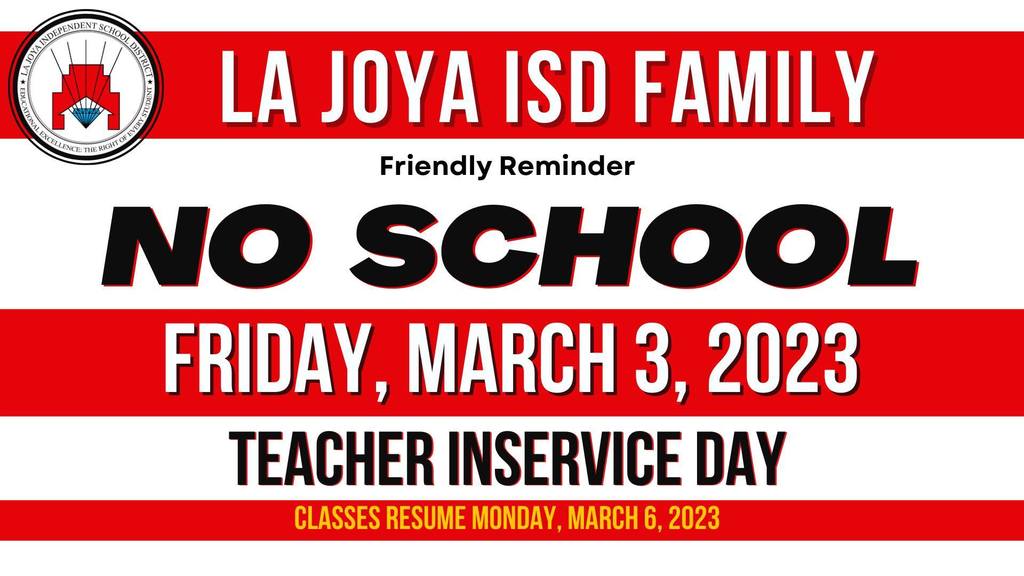 ⏰ Friendly Reminder! NO CLASSES tomorrow Friday, March 3. We will be having an Inservice Day for staff. Classes will resume on Monday, March 6, 2023.