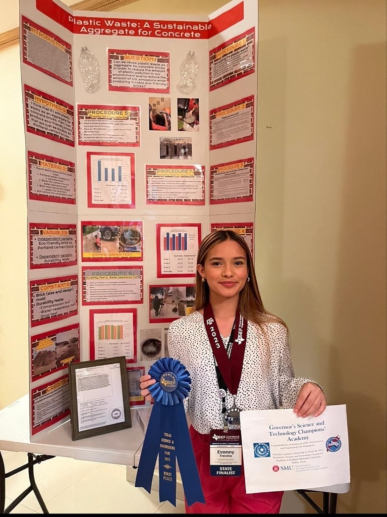 Evanny Trevino, posing with her ribbon and certificate at the Texas Science and Engineering Fair. Evanny received first place in her category.