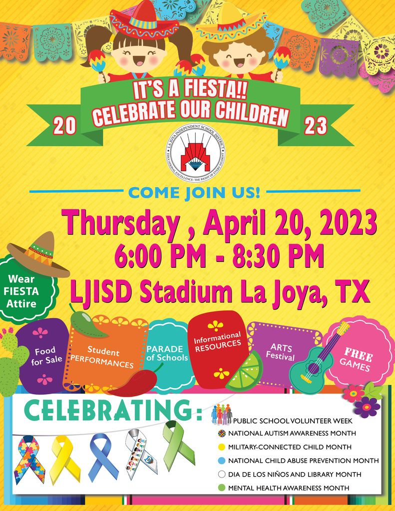 Don't forget to join us tomorrow for our Celebrate our Children event! from 6:00pm-8:30pm at La Joya ISD Stadium. An evening of family fun with student performances, parade of schools, car show, food and much more! Please see map below for event parking details, see you there!