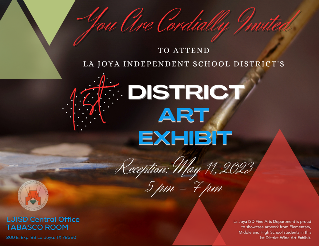 We are thrilled to extend a warm invitation to the entire community for a truly enchanting event - our annual Art Gallery Reception! This year's reception promises to be an extraordinary celebration of creativity, talent, and artistic expression.  Date: May 11th Time: 5:00 PM - 7:00 PM Location: [Venue Name/Address]  Our gallery will be transformed into a captivating space showcasing an incredible collection of artwork from talented students across all grades in our district. From mesmerizing paintings and intricate sculptures to awe-inspiring photographs and imaginative mixed media pieces, this exhibit beautifully reflects the diversity and imagination of our budding artists.