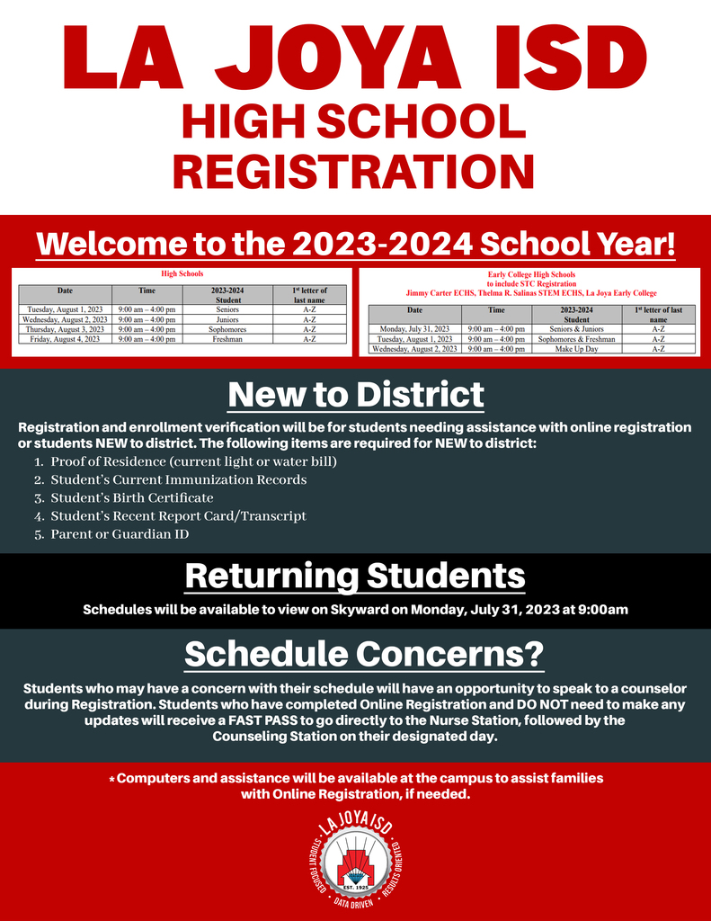 📢🎉Mark your calendars for our upcoming Middle and High School REGISTRATION dates and get ready for an incredible school year! Don't miss out on this epic opportunity to make your dreams a reality at La Joya ISD! 🎓🌟 #LJISDStudentFocusedDataDrivenResultsOriented