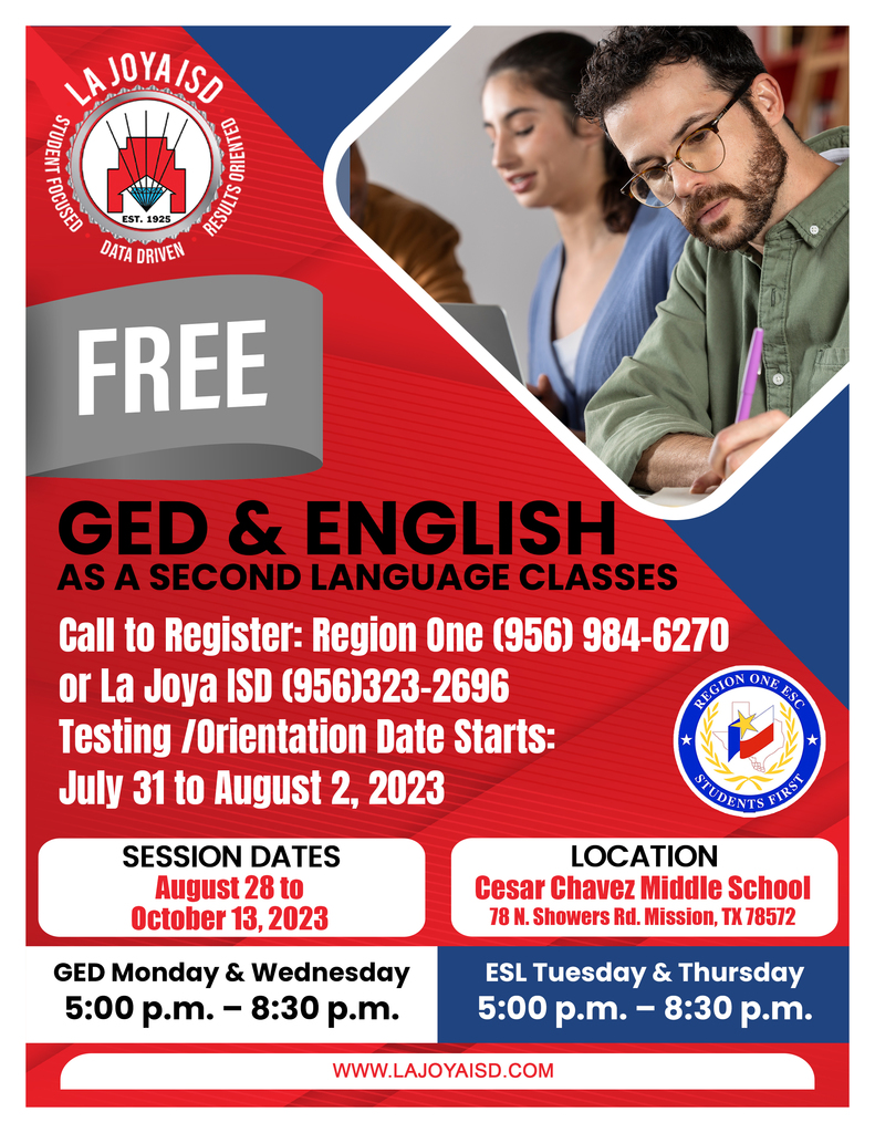 📚🌟 Great news! La Joya ISD is thrilled to announce that we will be offering GED classes for our community! 🎓🤝 Whether you're seeking a fresh start or aiming to further your education, we're here to support you every step of the way. Spread the word and let's unlock new possibilities together! #ljisdstudentfocuseddatadrivenresultsoriented