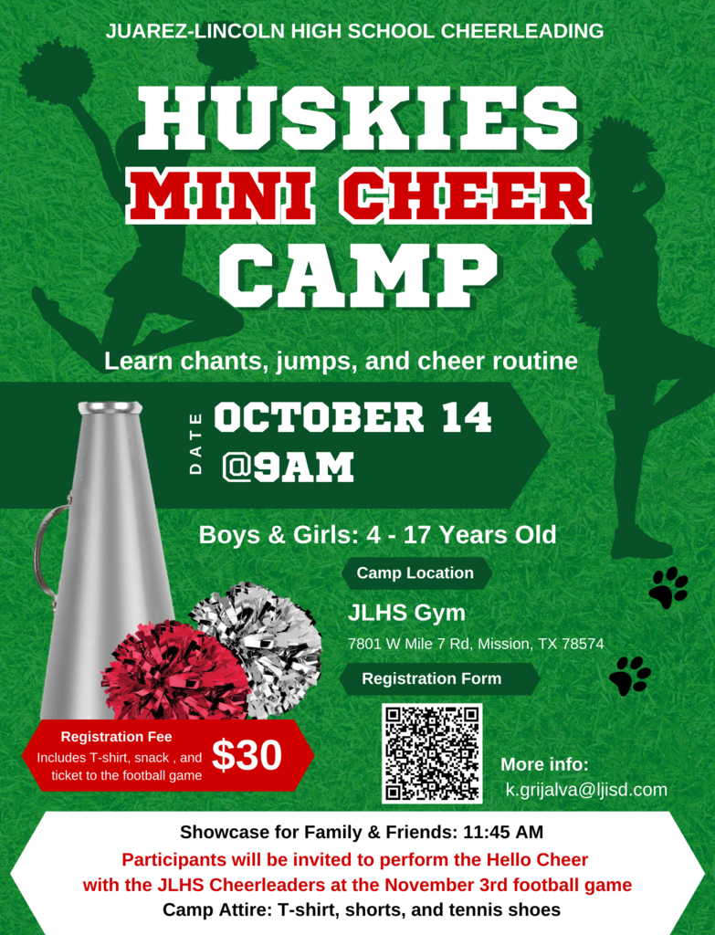 Huskies Mini Cheer Camp flyer; email k.grijalva@ljisd.com for more info