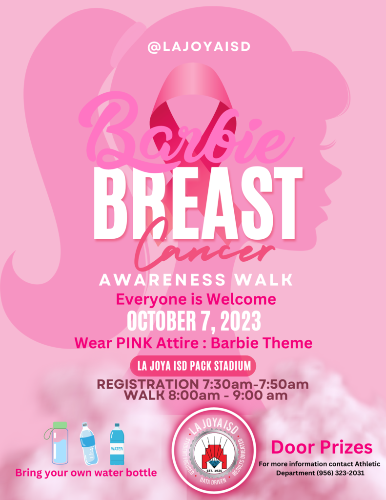 🎀 Join us for a meaningful cause! La Joya ISD is hosting its Breast Cancer Awareness Walk on October 7, 2023, at the LJISD Pack Stadium. 🏟️ Let's unite to raise awareness and support those affected. 🌸  🕗 Time: 8 AM  This year, we're adding a special touch with a Barbie Theme! 💖 Bring your pink spirit and positive vibes as we stride together for a brighter, healthier future. 👟👑  Save the date and let's make a powerful statement against breast cancer! 🎗️ 