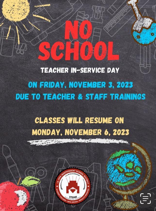 Flyer for no school November 2nd 2023