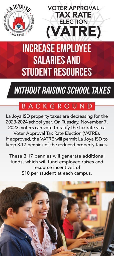 Photos Privacy  · Terms  · Advertising  · Ad Choices   · Cookies  ·   · Meta © 2023 Featured Posts La Joya ISD Published by Blanca E. Cantú  · 2m  ·  🗳️ Tomorrow is Election Day! 📆🇺🇸 La Joya ISD is undergoing a Voter Approval Tax Rate Election, and your voice matters! 🗣️ Get informed and make a difference. Check out the information below on VATRE. 🌐✨ Let's shape the future together!