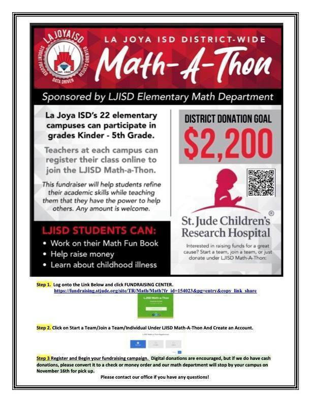🌟 Join us in a Mathathon for a cause! La Joya ISD is crunching numbers to raise funds for St. Jude Children's Hospital. 📚🧮 Let's make a difference together!
